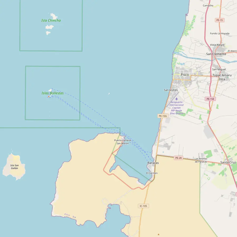 Map of the bay of Paracas with Pisco, the town of Paracas, El Candelabro on the peninsula and the Ballestas Islands offshore