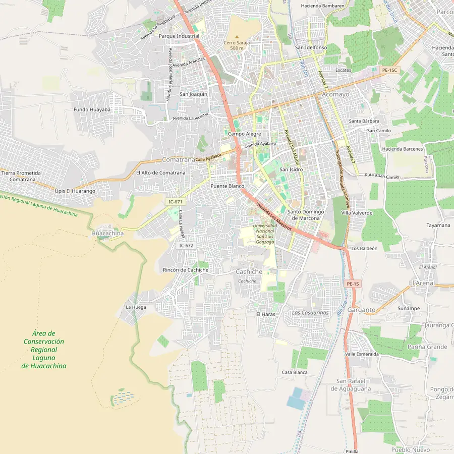 Map of Ica city with the Huacachina lagoon to its west, the regional conservation area and the San Camilo weather station