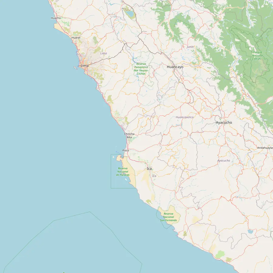 Map of the Peruvian coast from Lima south past Paracas and Huacachina to the Nazca Lines and the town of Nasca